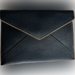 REBECCA MINKOFF Envelope Clutch Black Saffiano Leather Slim Zipper Trim-NWOT